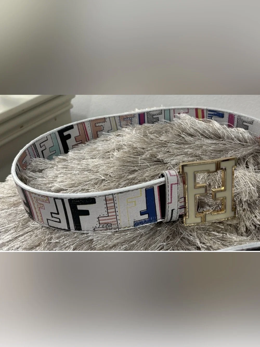 Fendi FF White leather Belt Multicolor Graphic monogram print gold FF buckle